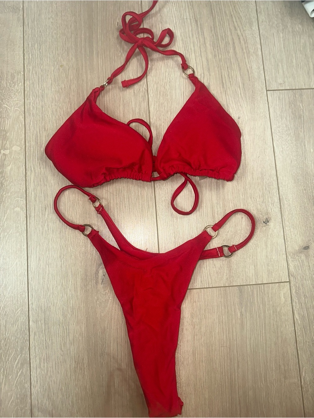 SHEIN Red Triangle Ring-Detail Bikini Set
